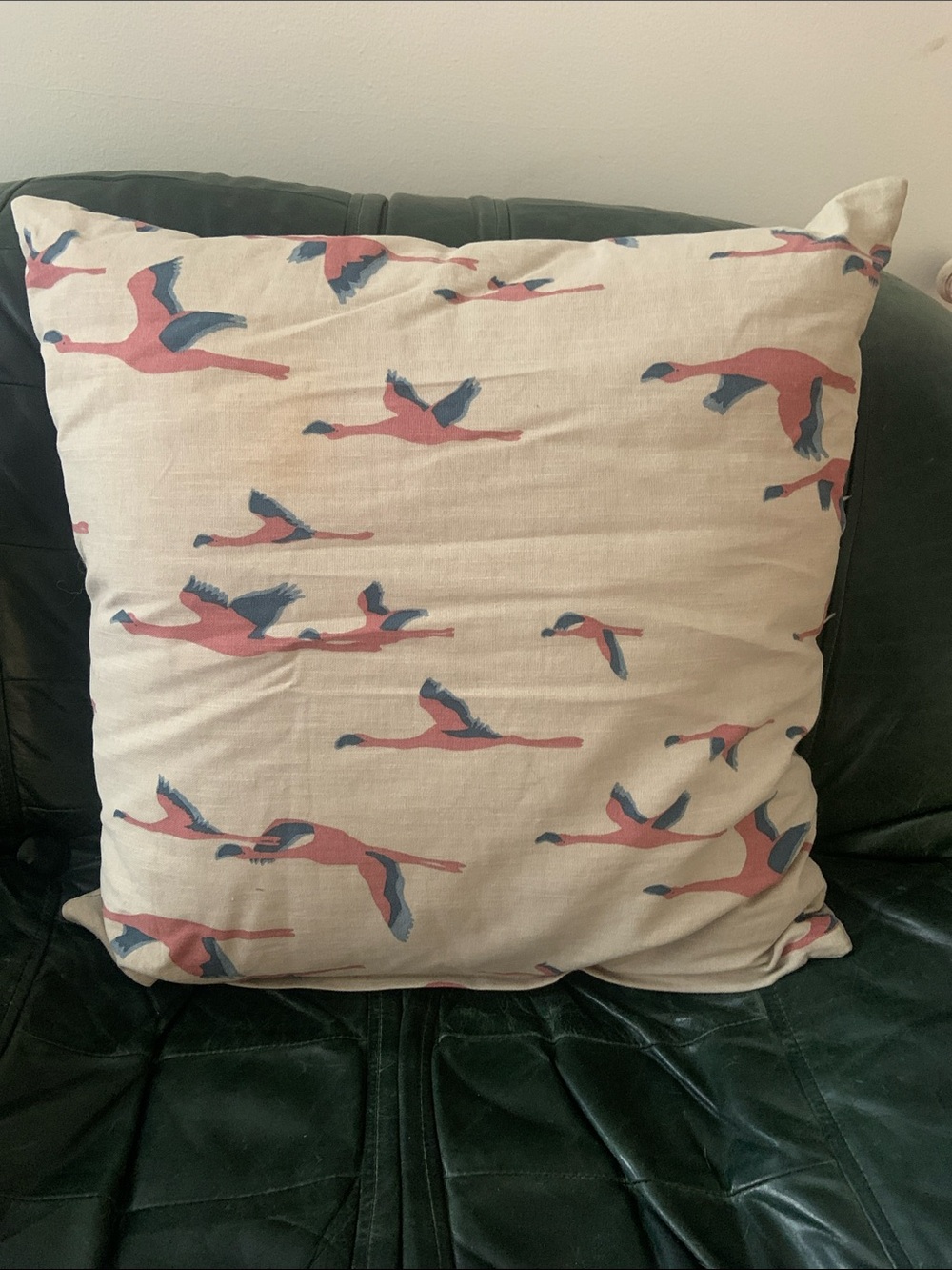 Decorative Throw Pillow with Pink & Blue Flying Bird Print - 22 x 22”